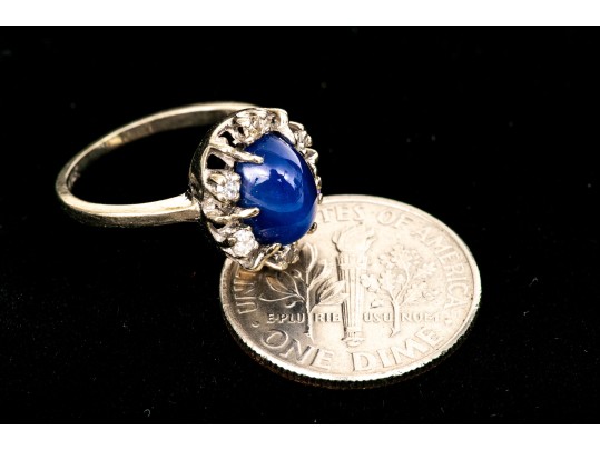 14k White Gold Retro Synthetic Blue Star Sapphire And Cz Halo Ring, Size 3