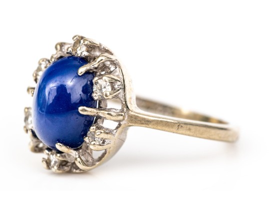 14k White Gold Retro Synthetic Blue Star Sapphire And Cz Halo Ring, Size 3