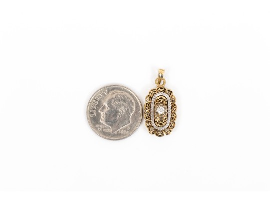 14k Yellow Gold Pretty Vintage Scalloped Filigree Pendant, Diamond Set, App. 0.03 CTS