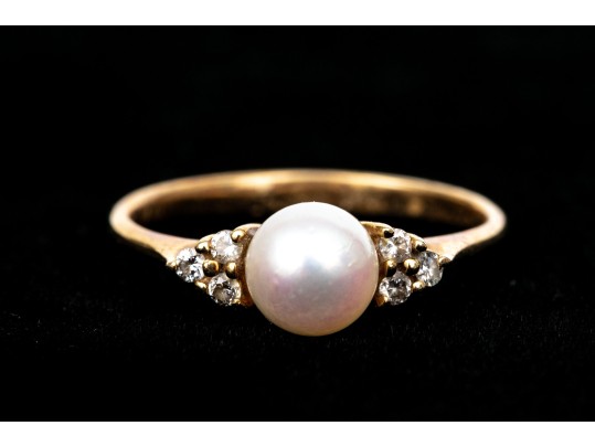 14k Yellow Gold Pretty 5.75mm Cultured Pearl And Diamond Ring, Size 5