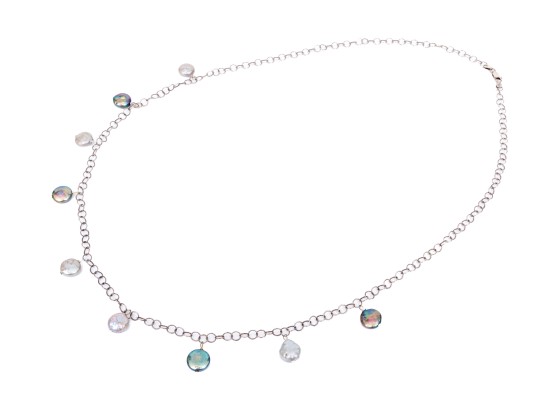 Sterling Silver Fun Opera Length Necklace With Coin Shaped Cultured Freshwater Pearl Stations