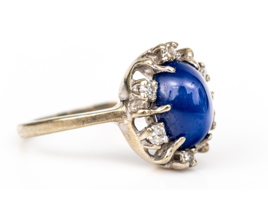 14k White Gold Retro Synthetic Blue Star Sapphire And Cz Halo Ring, Size 3