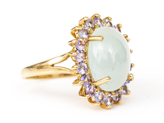 14k Yellow Gold Pale Green Chalcedony And Tanzanite Halo Ring, Size 8