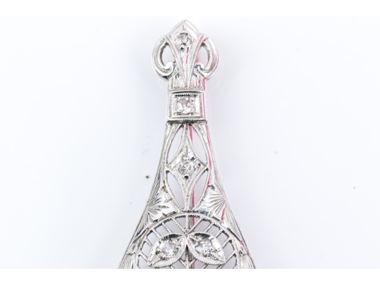 14k White Gold Pretty Vintage Filigree Brooch, Diamond Set, App. 0.20 TCW