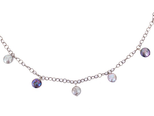 Sterling Silver Fun Opera Length Necklace With Coin Shaped Cultured Freshwater Pearl Stations