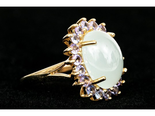 14k Yellow Gold Pale Green Chalcedony And Tanzanite Halo Ring, Size 8