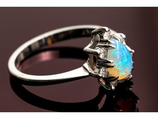 14k White Gold Vintage Pear Opal And Diamond Halo Ring, Size 6.5