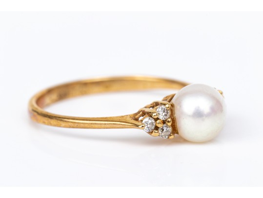 14k Yellow Gold Pretty 5.75mm Cultured Pearl And Diamond Ring, Size 5