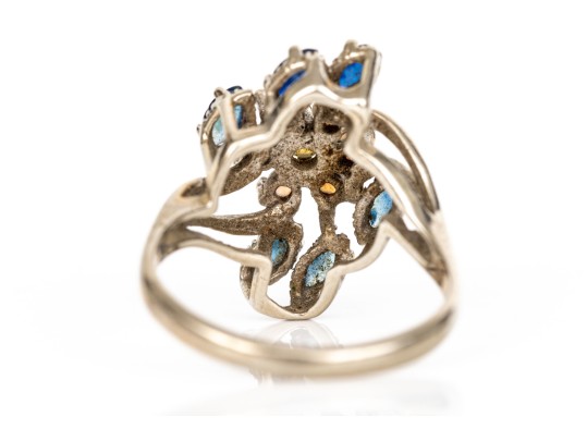 10k White Gold Vintage Opal And Blue Sapphire Cluster Ring, Size 6.75