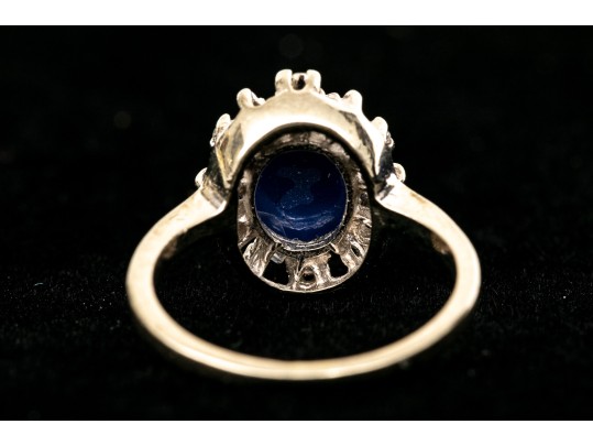 14k White Gold Retro Synthetic Blue Star Sapphire And Cz Halo Ring, Size 3