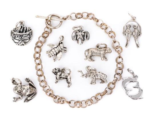 Charming Collection Of Sterling And Silverplate Loose Creature Motif Charms, With Bracelet