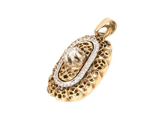 14k Yellow Gold Pretty Vintage Scalloped Filigree Pendant, Diamond Set, App. 0.03 CTS