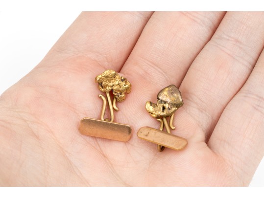 14k Yellow Gold Free Form Nugget Style Loose Link Cufflinks, Small Tops