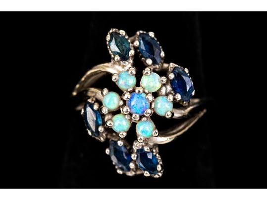 10k White Gold Vintage Opal And Blue Sapphire Cluster Ring, Size 6.75