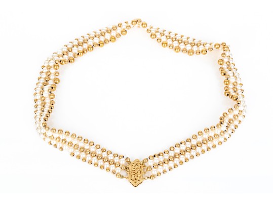 Striking 4.25mm Cultured Pearl And Bead Collar, With 14k Filigree Three Row Clasp
