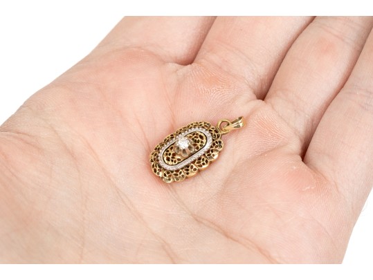 14k Yellow Gold Pretty Vintage Scalloped Filigree Pendant, Diamond Set, App. 0.03 CTS