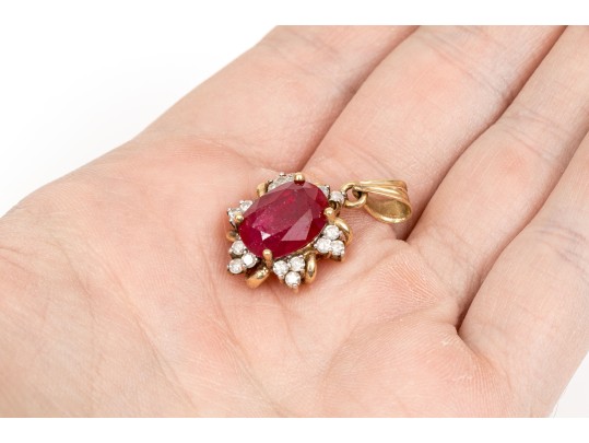 14k Yellow Gold Chunky Oval Lead Filled Ruby And Trefoil Diamond Halo Pendant, App. 0.25 TCW