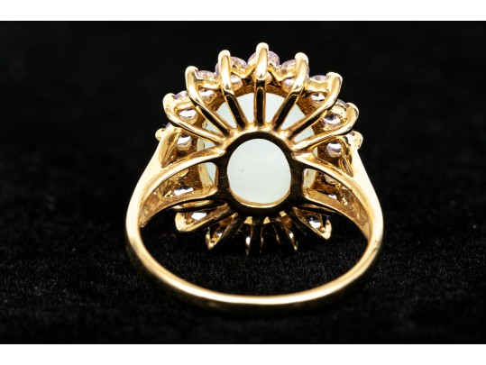 14k Yellow Gold Pale Green Chalcedony And Tanzanite Halo Ring, Size 8