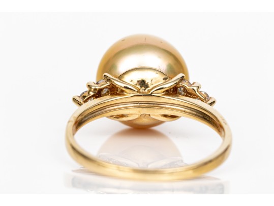 14k Yellow Gold Beautiful 10mm Champagne Cultured Pearl And Diamond Ring, Size 6