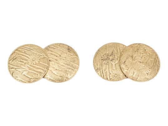 10k Yellow Gold Lovely Vintage Guilloche And Floral Patterned Loose Link Cufflinks