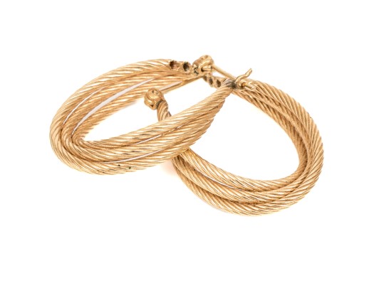 10k Yellow Gold Classic Elongated Oval Ribbed Twisted Hoop Earrings