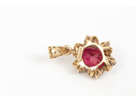 14k Yellow Gold Chunky Oval Lead Filled Ruby And Trefoil Diamond Halo Pendant, App. 0.25 TCW