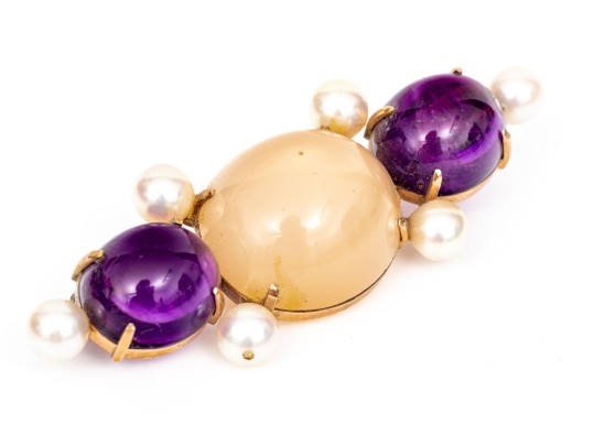 14k Yellow Gold Fabulous Chunky Cabachon Amethyst And Cultured Pearl Decorated Brooch
