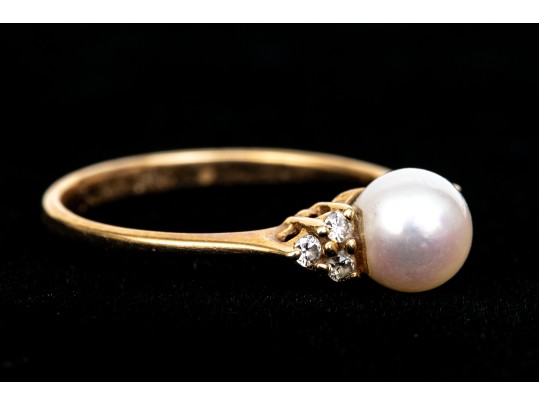 14k Yellow Gold Pretty 5.75mm Cultured Pearl And Diamond Ring, Size 5