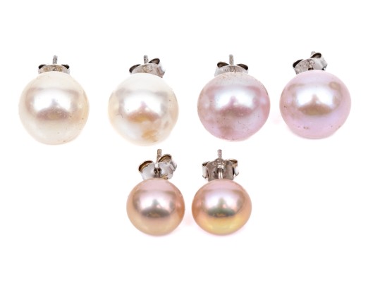 Collection Of White And Pink Cultured Freshwater Pearl Stud Earrings, With Sterling Silver Posts