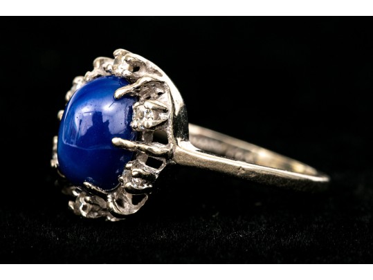 14k White Gold Retro Synthetic Blue Star Sapphire And Cz Halo Ring, Size 3