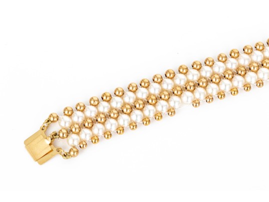 Striking 4.25mm Cultured Pearl And Bead Collar, With 14k Filigree Three Row Clasp