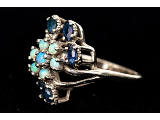 10k White Gold Vintage Opal And Blue Sapphire Cluster Ring, Size 6.75