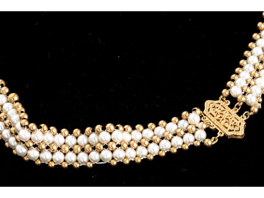 Striking 4.25mm Cultured Pearl And Bead Collar, With 14k Filigree Three Row Clasp