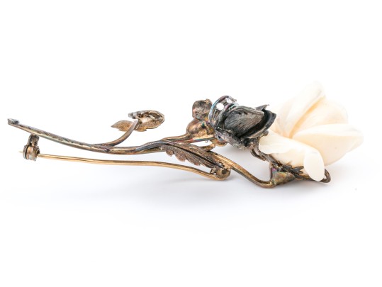 Vintage Pretty Large Yellow Gold Filled Carved Coral Rose Motif Brooch With Diamonds