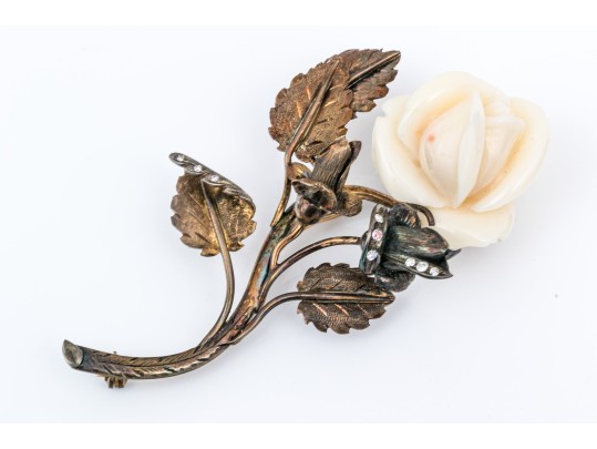 Vintage Pretty Large Yellow Gold Filled Carved Coral Rose Motif Brooch With Diamonds