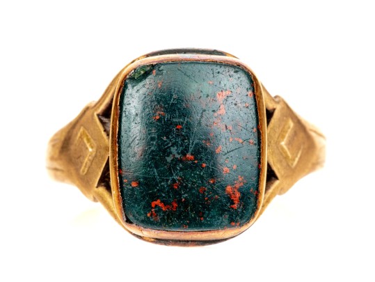 14k Yellow Gold Vintage Square Cushion Bloodstone Ring, Size 7.75