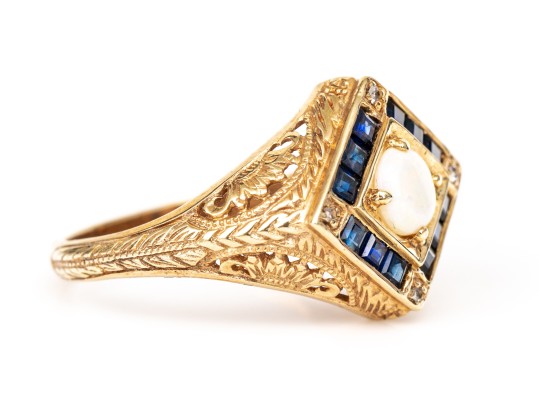 14k Yellow Gold Vintage Filigree Opal, Diamond And Sapphire Ring, Size 7-