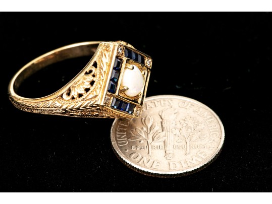 14k Yellow Gold Vintage Filigree Opal, Diamond And Sapphire Ring, Size 7-