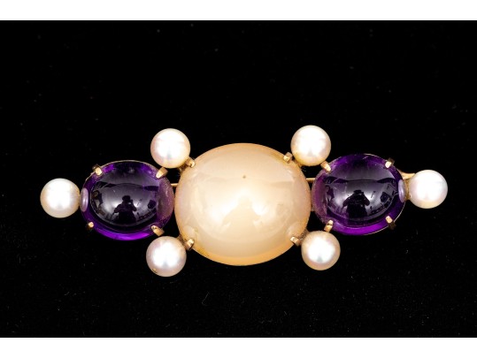 14k Yellow Gold Fabulous Chunky Cabachon Amethyst And Cultured Pearl Decorated Brooch