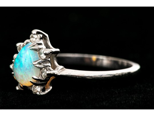 14k White Gold Vintage Pear Opal And Diamond Halo Ring, Size 6.5