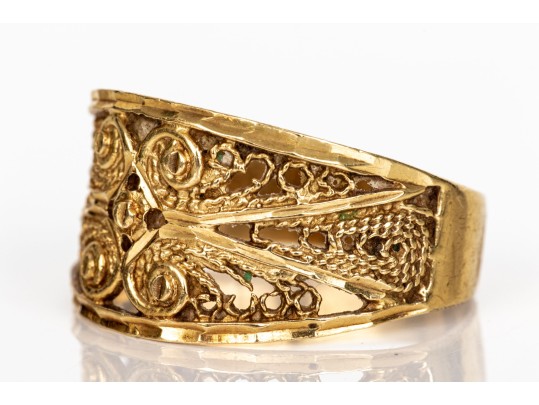 14k Yellow Gold Vintage Wide Filigree Motif Ring, Size 11.5