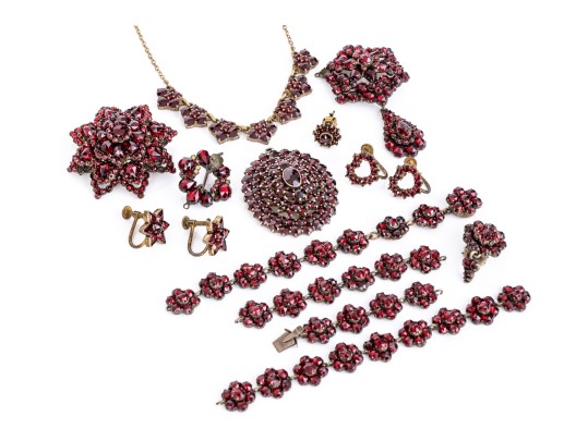 Collection Of Vintage Burgundy Czech Crystal Motif Jewelry Pieces
