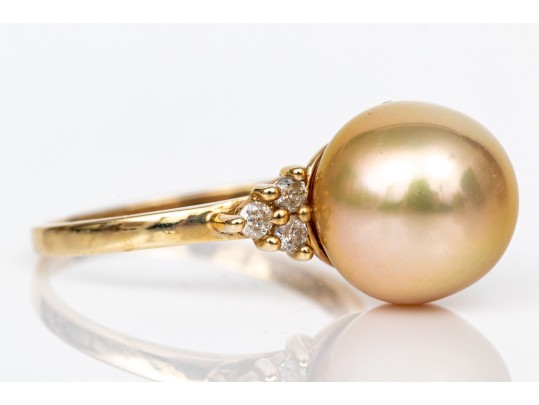 14k Yellow Gold Beautiful 10mm Champagne Cultured Pearl And Diamond Ring, Size 6