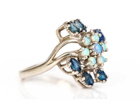 10k White Gold Vintage Opal And Blue Sapphire Cluster Ring, Size 6.75