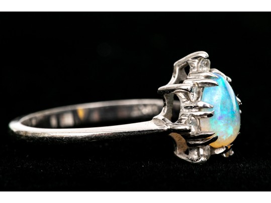 14k White Gold Vintage Pear Opal And Diamond Halo Ring, Size 6.5