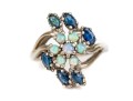 10k White Gold Vintage Opal And Blue Sapphire Cluster Ring, Size 6.75