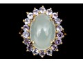 14k Yellow Gold Pale Green Chalcedony And Tanzanite Halo Ring, Size 8