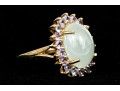14k Yellow Gold Pale Green Chalcedony And Tanzanite Halo Ring, Size 8