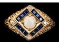 14k Yellow Gold Vintage Filigree Opal, Diamond And Sapphire Ring, Size 7-