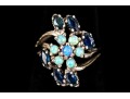 10k White Gold Vintage Opal And Blue Sapphire Cluster Ring, Size 6.75
